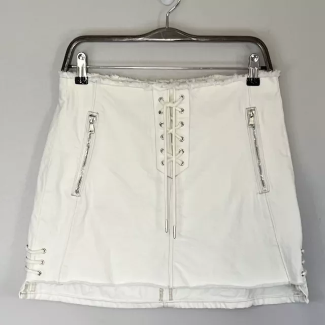 Blank NYC Women's Denim Mini Skirt Size 28 White Cream Lace Up Raw Edge Zipper
