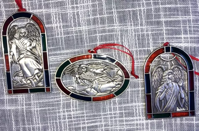 NEW Set of 3 Stained Glass Style Angel Christmas Tree Ornaments Metal (Pewter?)