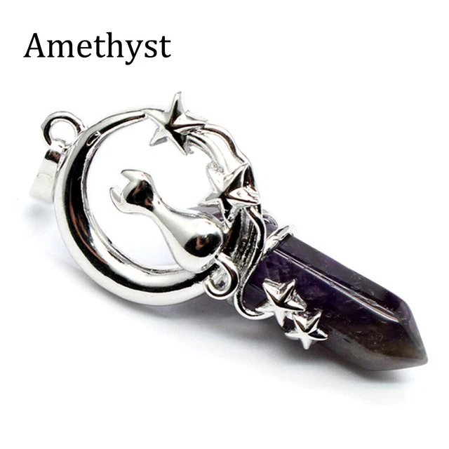 Natural Crystal Chakra Cat Moon Star Pendant Hexagonal Pointed Quartz Reiki Gift