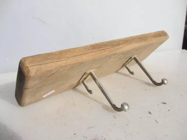 Antique Wooden Coat Rack Chromed Iron Hooks Hat Hangers Old Vintage Rustic 16"W