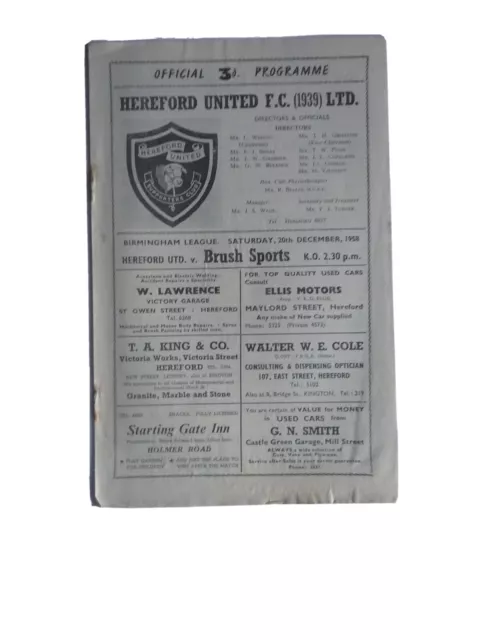 Hereford United v Brush Sports 20th December 1958 Birmingham League Season 58/59