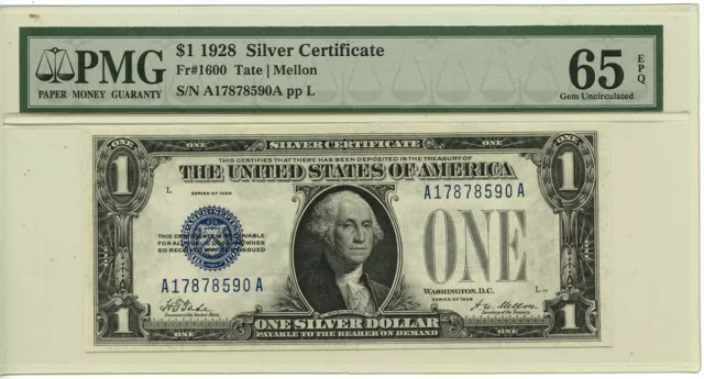 1928 $1 Silver Certificate Blue Tate Mellon Fr# 1600 PMG GEM 65 EPQ
