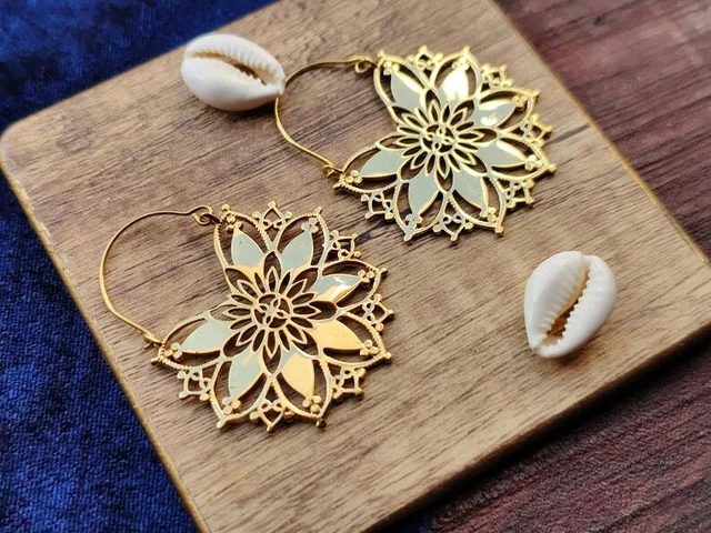 Large Gold Plated Mandala Moroccan Ethnic Tribal Brass Hoops Gypsy Earrings