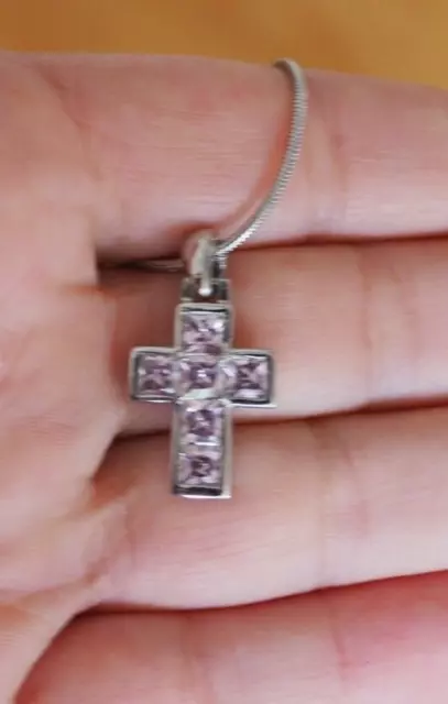 silberne Kette Halskette mit Kreuzanhänger rosa Steine