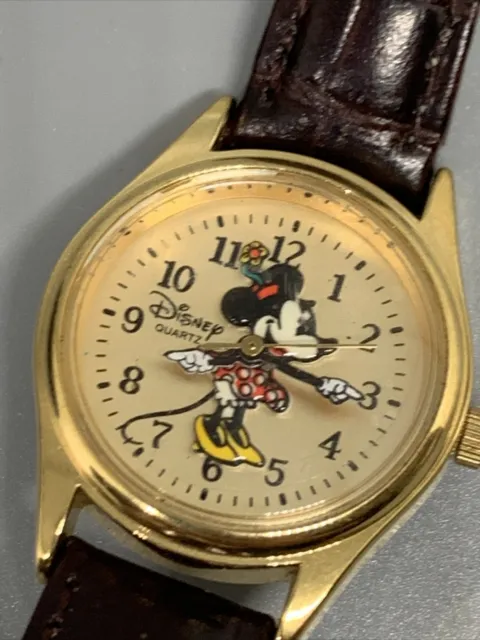 Vintage Minnie Mouse Watch Disney Parks Authentic Original Brown Leather Strap