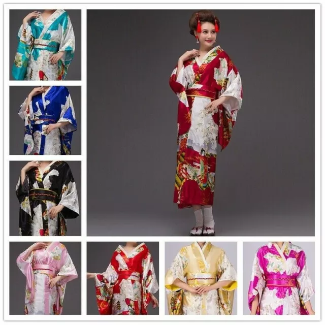 Geisha Satin Kimono Floral Japanese Yukata Robe Ethnic Costume Show Cosplay