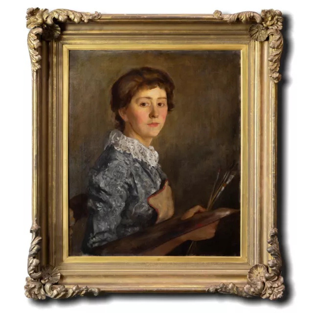 Portrait of a Female Artist | Early 20C. Oil Painting, Heavy Antique Gilt Frame