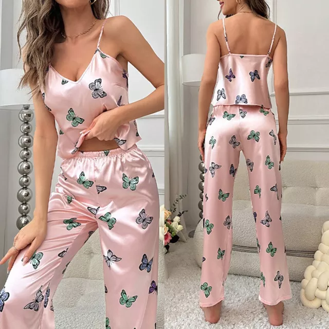 Magnifique ensemble pyjama satiné papillon rose pour femmes 2 pièces vêtement