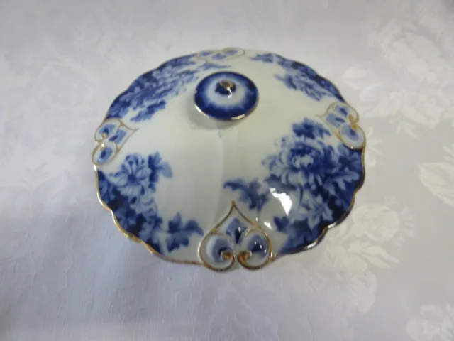 Albion Bourne & Leigh Flow Blue Covered Sugar Bowl w Heart Decorated Top,  C1900