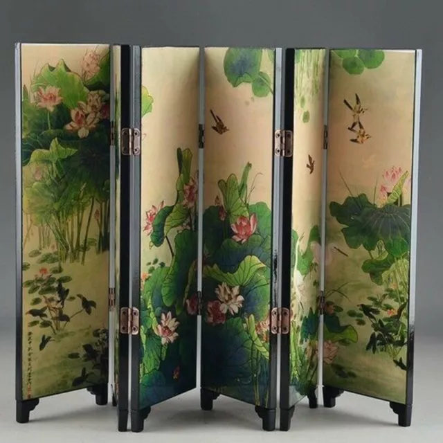 Antique Chinese Lacquer Small Screen Lotus Freehand Folding Screen Desktop Decor