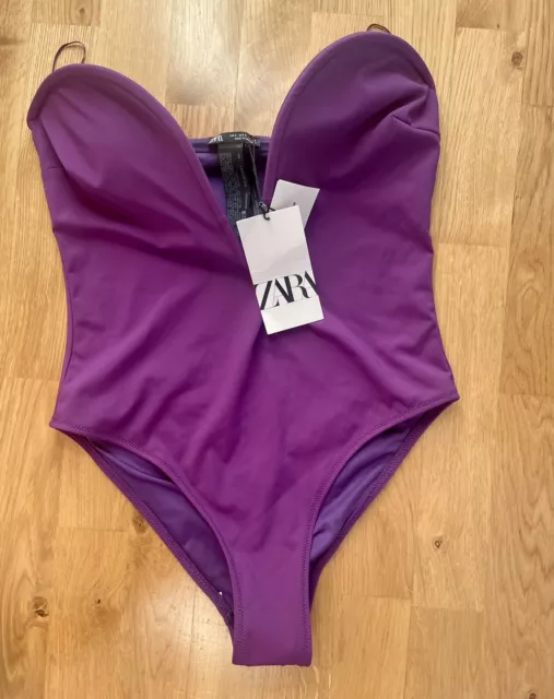 New Zara Purple Corset Neck Plunge Strapless Swimsuit Swimming One Piece  Large