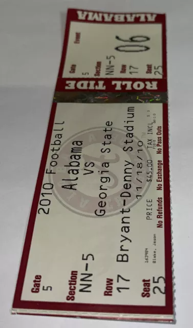 Alabama Football Vs Georgia State game Day ticket Stub. 2010.