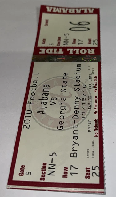 Alabama Football Vs Georgia State game Day ticket Stub. 2010.