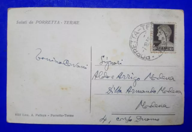 🔵 Cartolina Porretta Terme Piazza Vittorio Veneto 1938 Auto E Diligenza Bella🤣 2