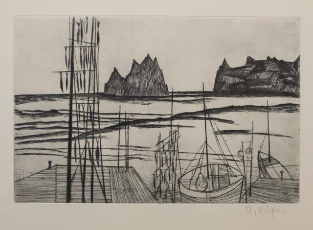 Rudolf Kügler Küste Boot Fisch Abstrakte Kunst Postwar signiert Radierung 20.Jh.