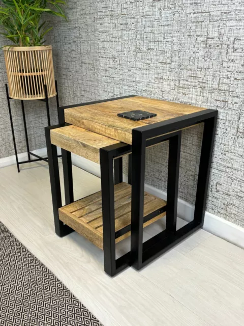 Industrial Solid Wood Nest of 2 Side End Tables Black Metal Legs (B107) Bali