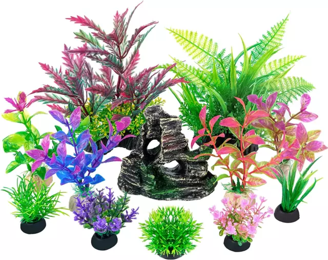 Fish Tank Decorations Aquarium Artificial Plastic Plants & Cave Rock Decor Set,