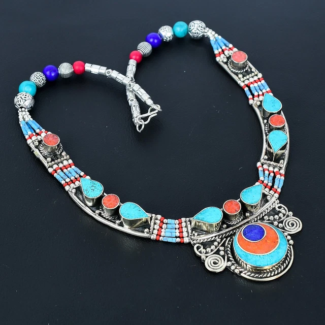 Collier Ethnique Bohème En Argent Sterling 925, Perles De Corail, Ambre Et Turquoise Naturelle - 18 Pouces