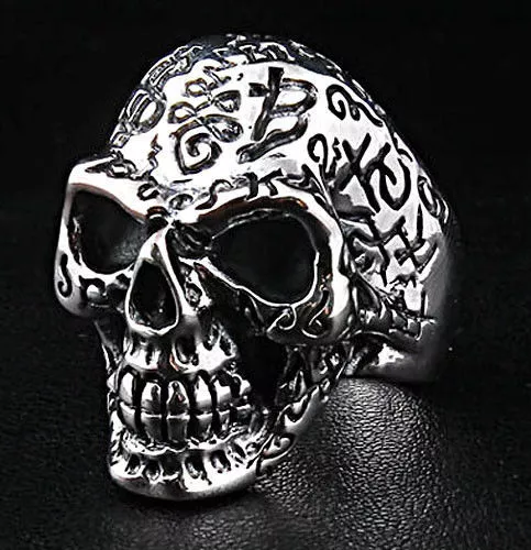 Tattoo Skull Big 925 Sterling Silver Mens Ring Tribal Biker Rocker Gothic Punk