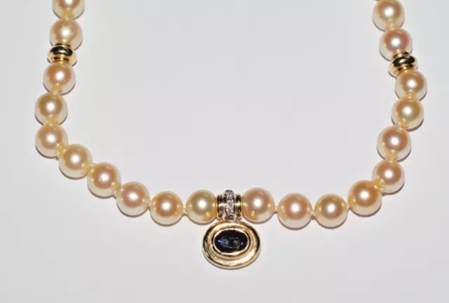 Akoya-Perlenkette/Collier Anhänger Saphir/Diamant 47(45)cm 7mm 585 Gold - A0037