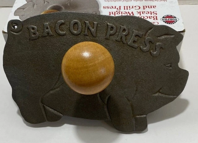 Norpro Cast Iron Pig Shaped Bacon Press with Wood Handle, 8.5-Inch