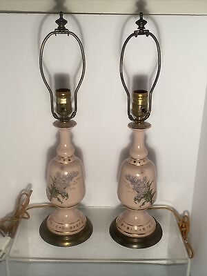 Vintage Pair Paul Hanson Pink Table Lamps Porcelain Floral Lilacs Left & Right