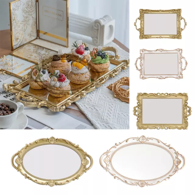 Decorative Tray Oval Round Gold Mirror Glass Display Plate Candle Holder Perfume