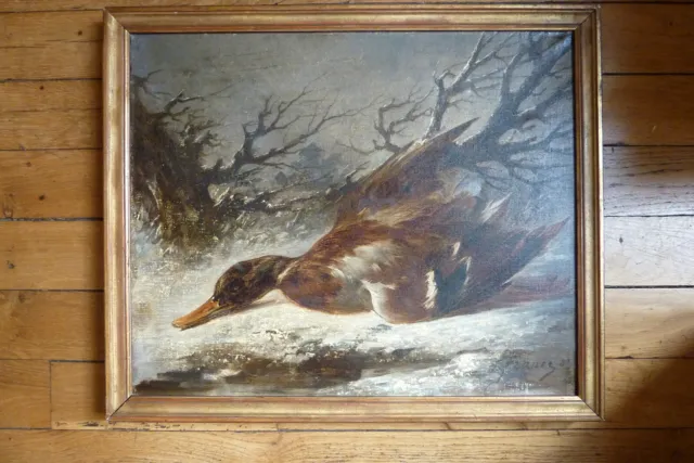 Tableau ancien XIXe huile toile paysage hiver canard animal chasse
