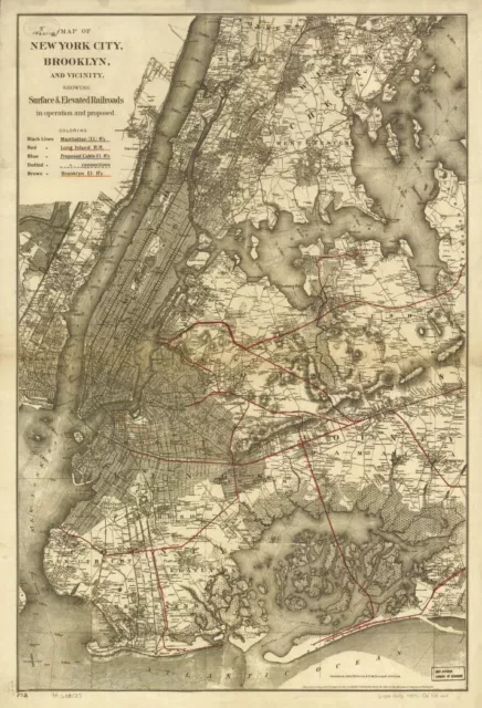 16" x 24" 1885 Map Of New York City Brooklyn & Vicinity Railroads Operation