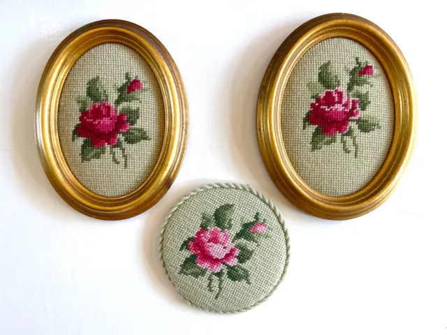 3 Vintage Completed Gold Framed Tapestry Needlepoint Flowers Roses Oval Round