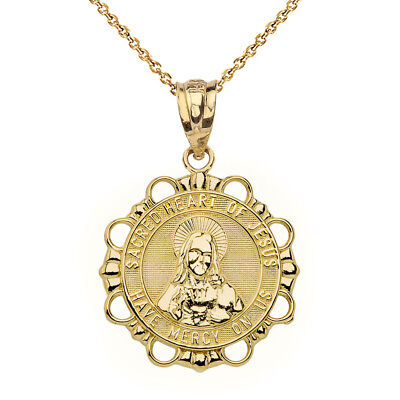 Solid 10k Yellow Gold Sacred Heart Of Jesus Have Mercy On Us Pendant Necklace