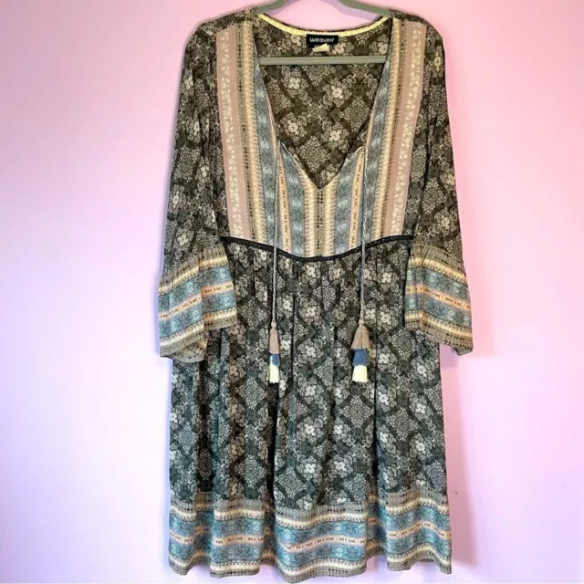 Weavers Gray Blue Purple Boho Bell Sleeve Knee Length Prairie Dress Rayon 2X