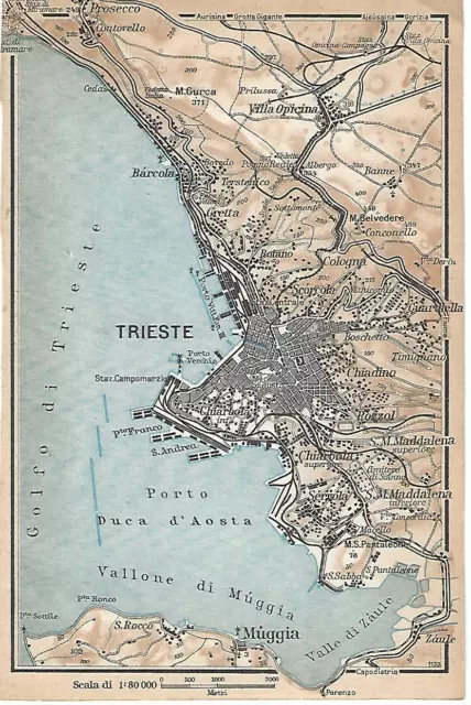 Carta geografica antica TRIESTE città e dintorni Friuli 1934 Antique map