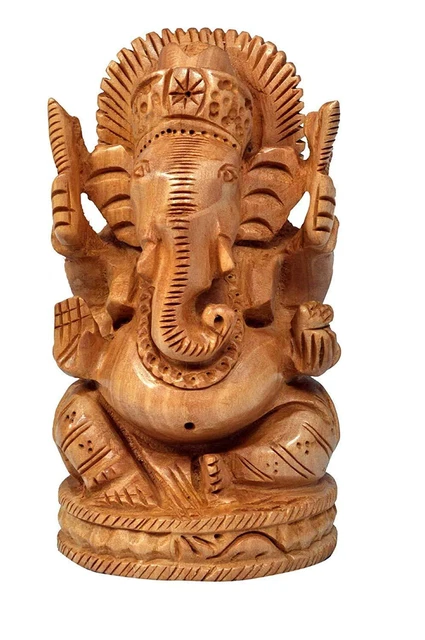 Lord Ganesha Statue Wooden Ganesh Ji Figurine Idol Indian God Hindu Home Temple
