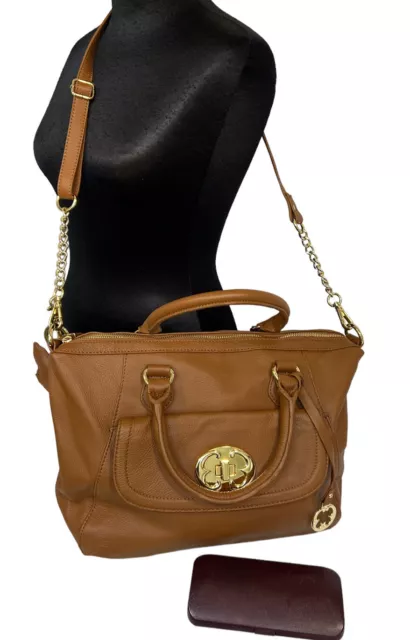 Emma Fox Turnlock Satchel   Crossbody Bag Large Brown Leather w/Fox KeyChain New