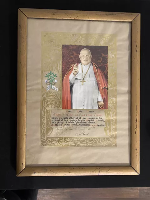 Vintage Pope John XXIII Signed Marriage Blessing Certificate Framed