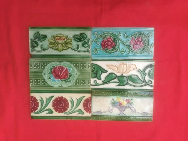 6 Piece Old Art Different Flower Design Majolica Ceramic Tiles Japan 0092
