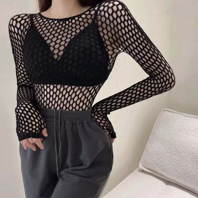 Ladies Women Long Sleeve Fish Net Mesh Sheer T shirt Top Casual Blouse Sexy goth