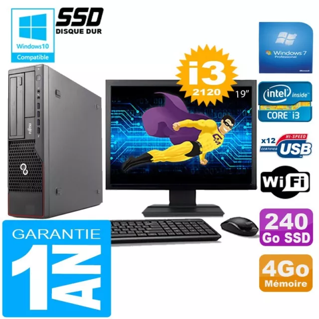 PC Fujitsu Esprimo E700 E90+ SFF I3-2120 4Go Disque 240 Go SSD Wifi W7 Ecran 19"