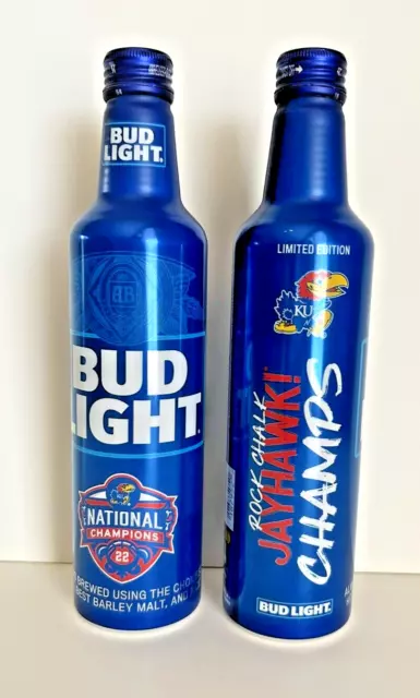 2 Kansas KU Jayhawks 2022 NCAA National Champions Bud Light Aluminum Bottles
