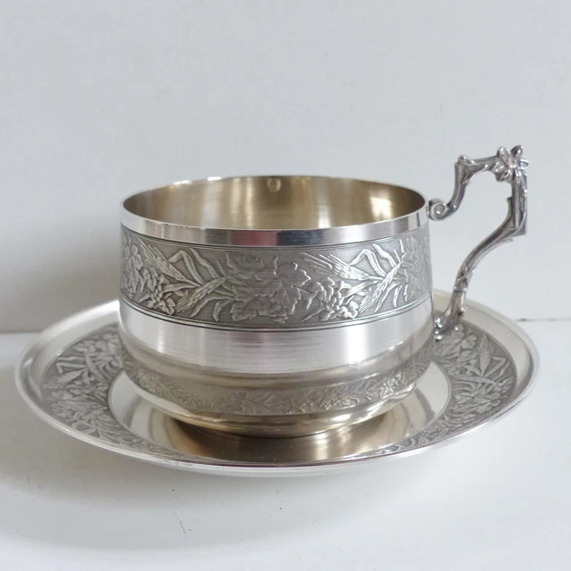 LARGE ANTIQUE FRENCH STERLING SILVER CHOCOLATE TEA CUP & SAUCER 268 grams