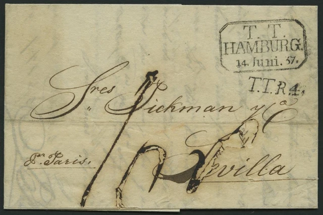 HAMBURG-THURN UND TAXISCHES O.P.A. 1837, T.T. HAMBURG, R3 auf Brief n. Sevilla,