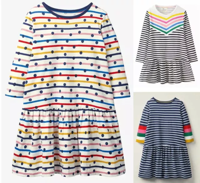 Girls MINI BODEN Dress Long Sleeved Cotton Jersey Fun Spotty Striped Rainbow NEW