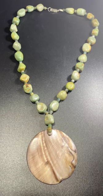 Sterling Silver Turquoise Nugget Beaded MOP Disc Necklace 18.5