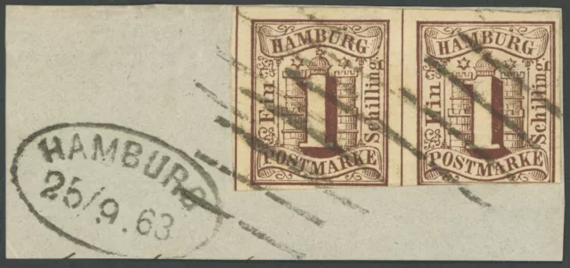 HAMBURG 1859, 1 S. rotbraun im waagerechten Paar, rechte Marke unten