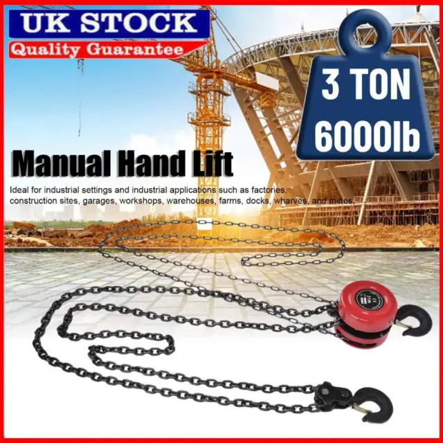 Chain Hoist Block And Tackle 3Ton Winch Capacity Engine Lift Puller Fall 3 Meter