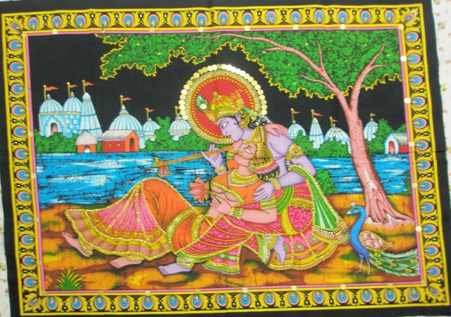 Hindu Lord Krishna Radha Love Tapestry Indian Gods Sequin Wall Hanging Decor