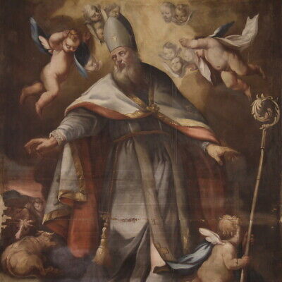 Gran pintura religiosa San obispo angeles cuadro antiguo oleo sobre lienzo 700