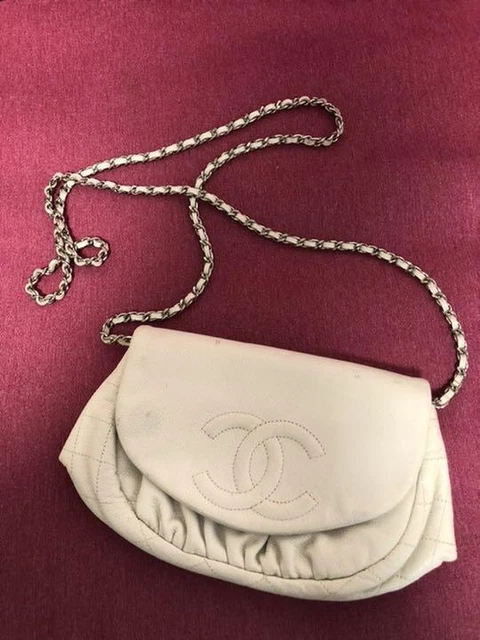 CHANEL CC Demi Lune Caviar Peau Cuir Blanc Chaîne Portefeuille Sac D'occasion