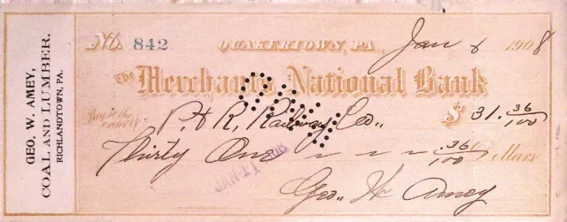 Geo W Amey Coal and Lumber Richlandtown PA Bank Check 1908 Merchants National